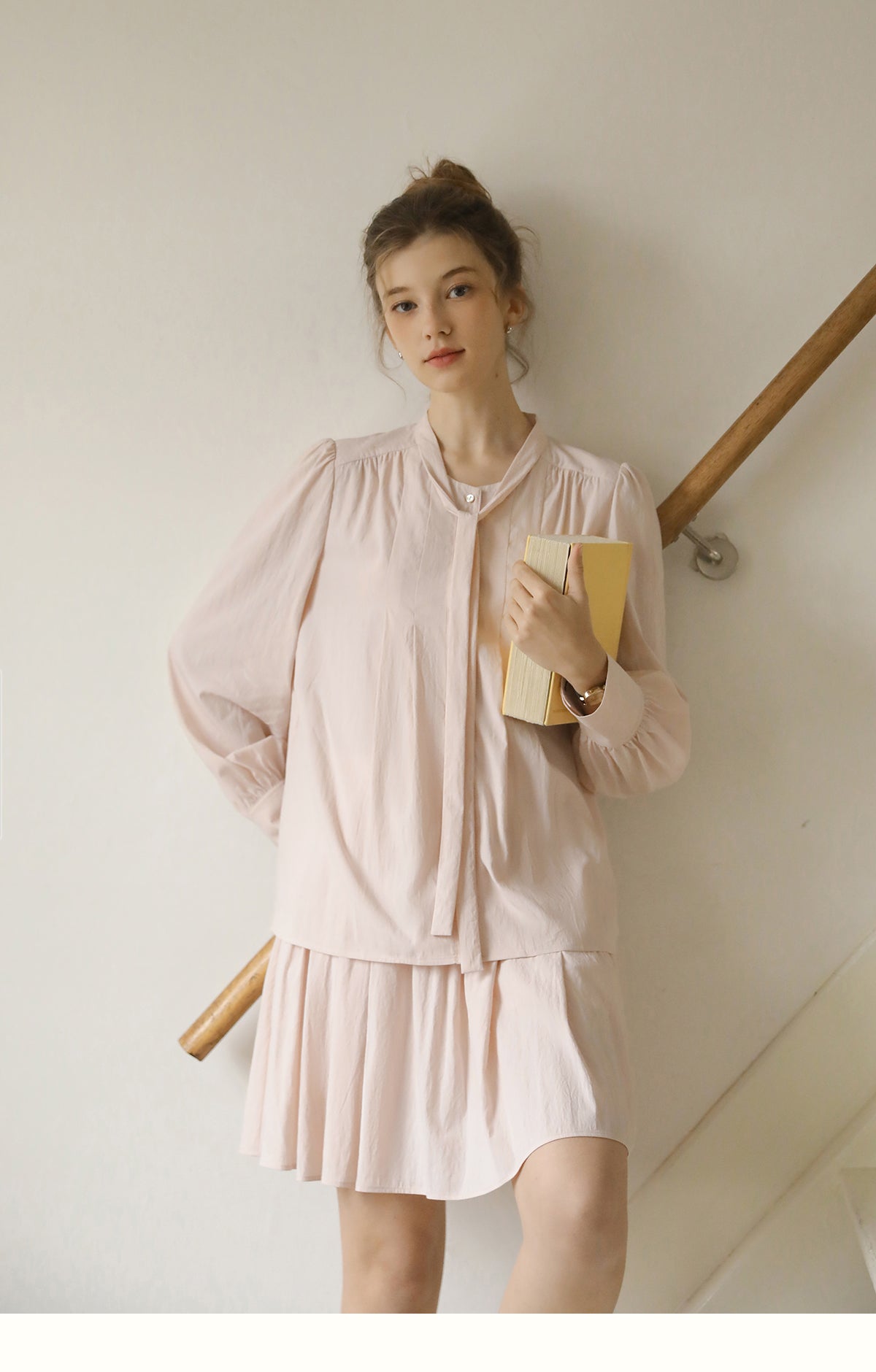 Pleated Puff-Sleeve Tie-Neck Blouse & Draped Skirt