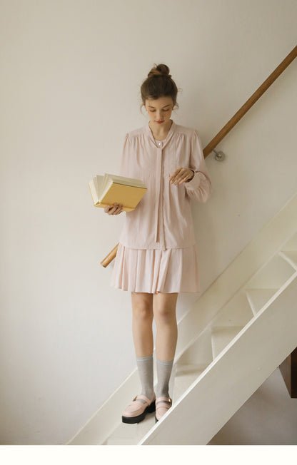 Pleated Puff-Sleeve Tie-Neck Blouse & Draped Skirt