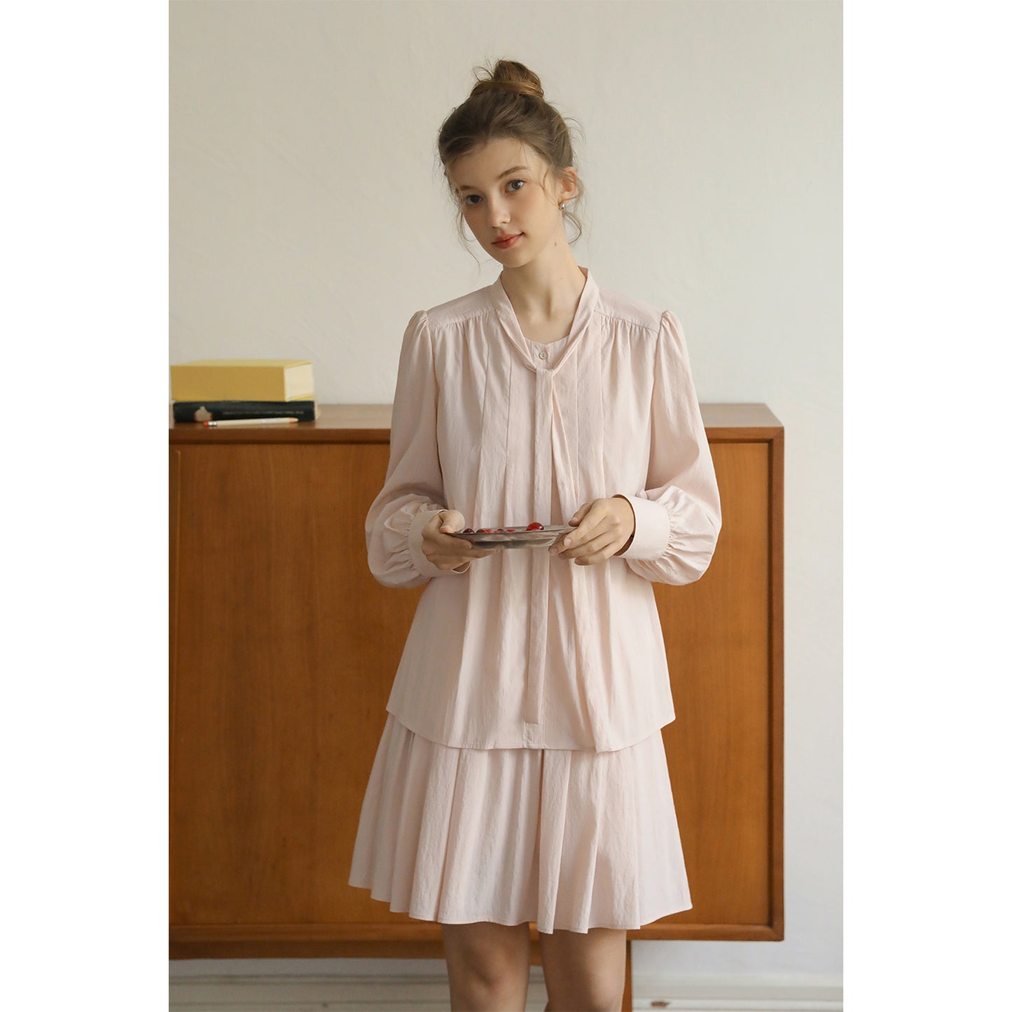 Pleated Puff-Sleeve Tie-Neck Blouse & Draped Skirt