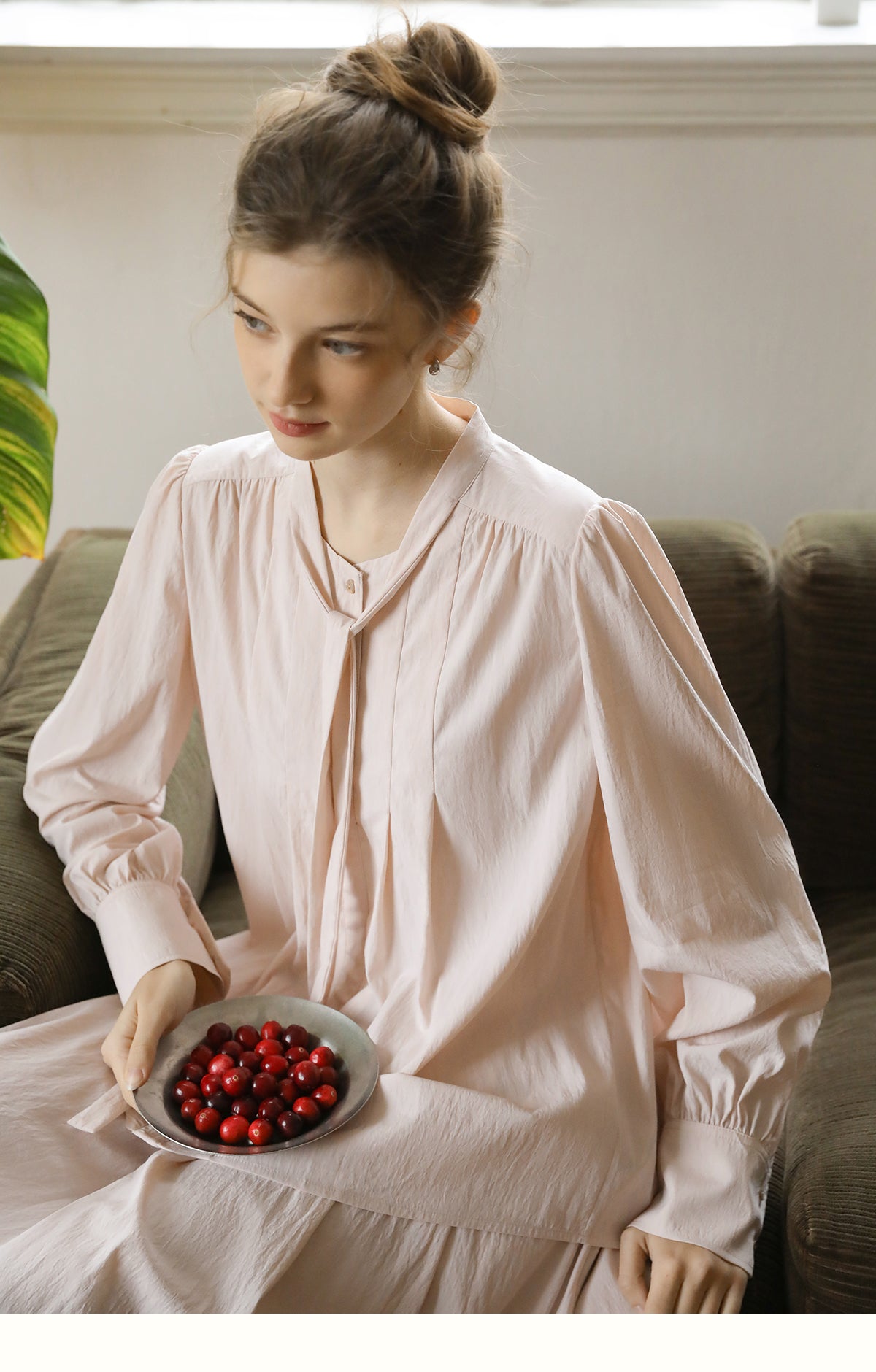Pleated Puff-Sleeve Tie-Neck Blouse & Draped Skirt