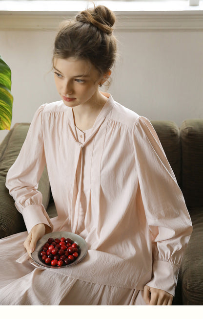 Pleated Puff-Sleeve Tie-Neck Blouse & Draped Skirt