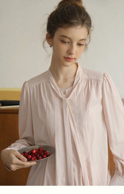 Pleated Puff-Sleeve Tie-Neck Blouse & Draped Skirt
