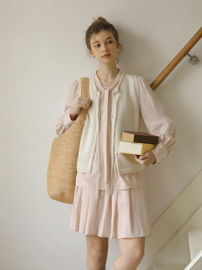 Pleated Puff-Sleeve Tie-Neck Blouse & Draped Skirt
