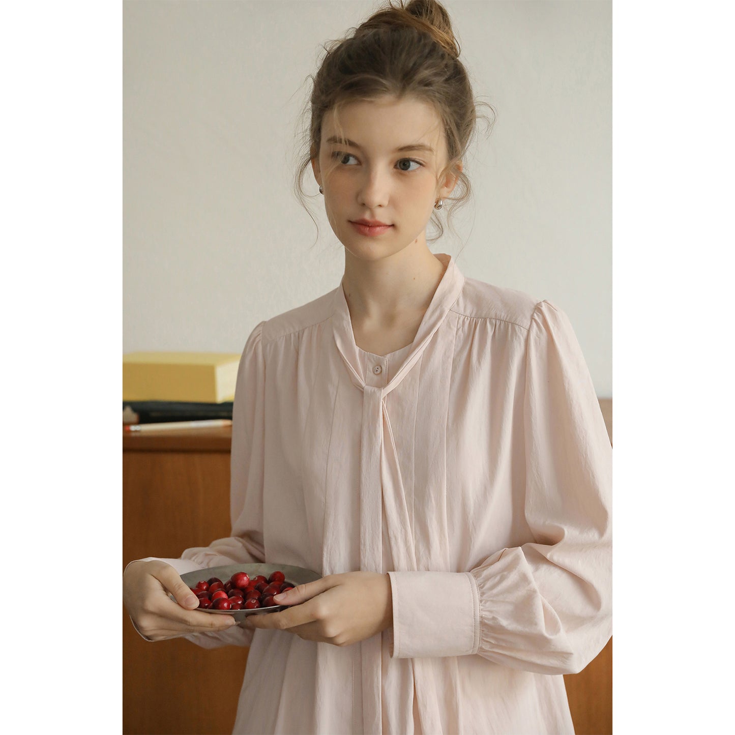Pleated Puff-Sleeve Tie-Neck Blouse & Draped Skirt