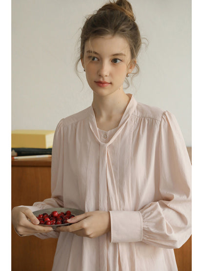 Pleated Puff-Sleeve Tie-Neck Blouse & Draped Skirt