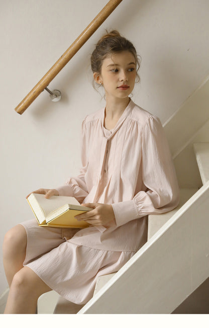 Pleated Puff-Sleeve Tie-Neck Blouse & Draped Skirt