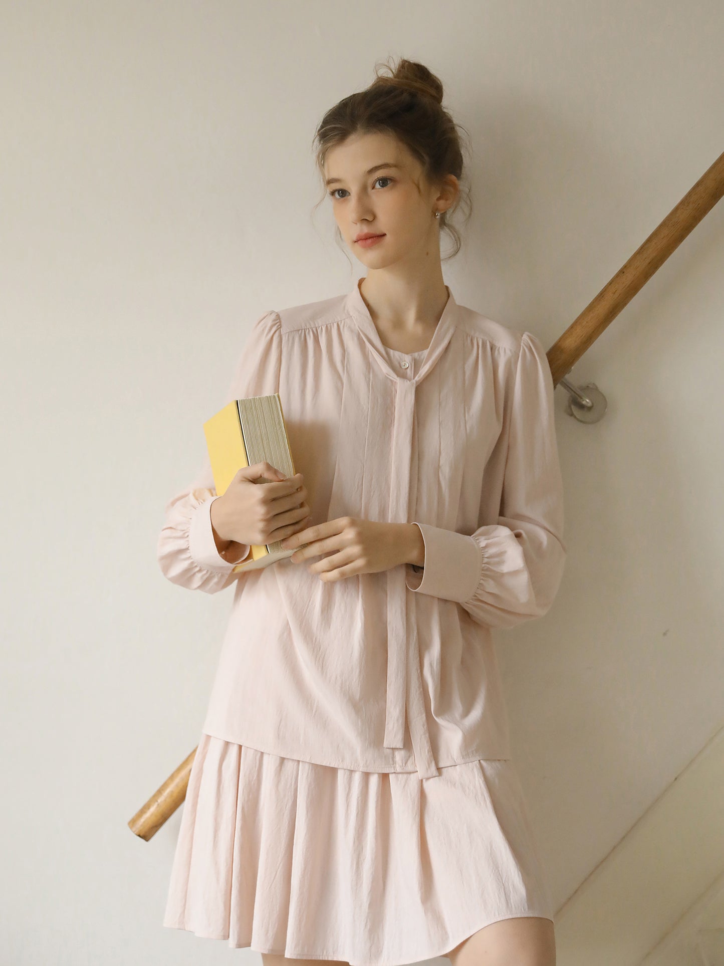 Pleated Puff-Sleeve Tie-Neck Blouse & Draped Skirt
