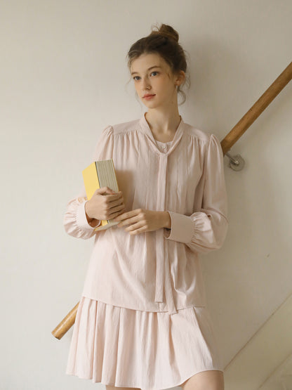 Pleated Puff-Sleeve Tie-Neck Blouse & Draped Skirt