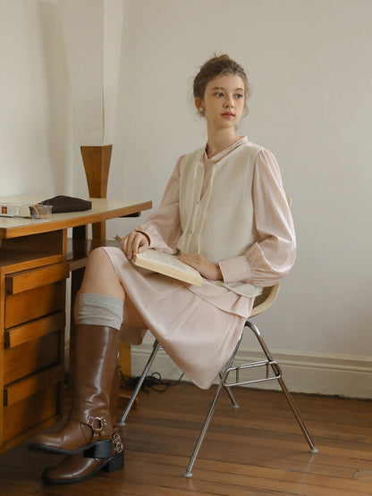 Pleated Puff-Sleeve Tie-Neck Blouse & Draped Skirt