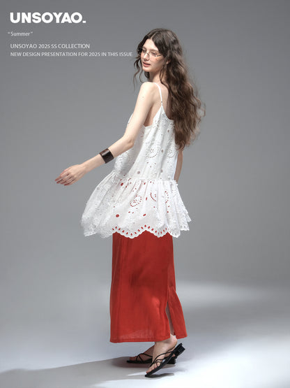 Elastic Waist Straight Linen Maxi Skirt