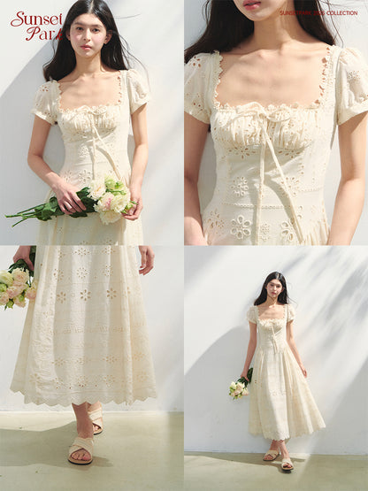 Embroidered Cotton Corset Dress With Square Neck