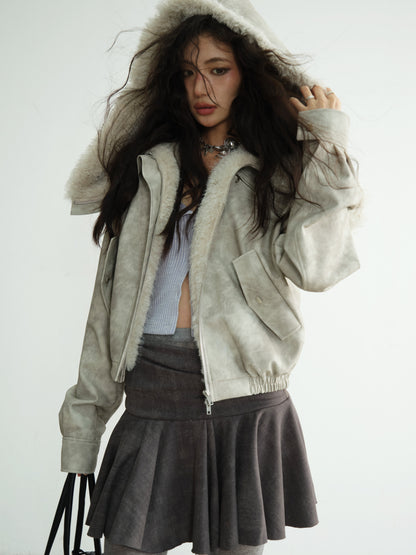 Faux Leather Jacket With Plush Oversized Fur Hood