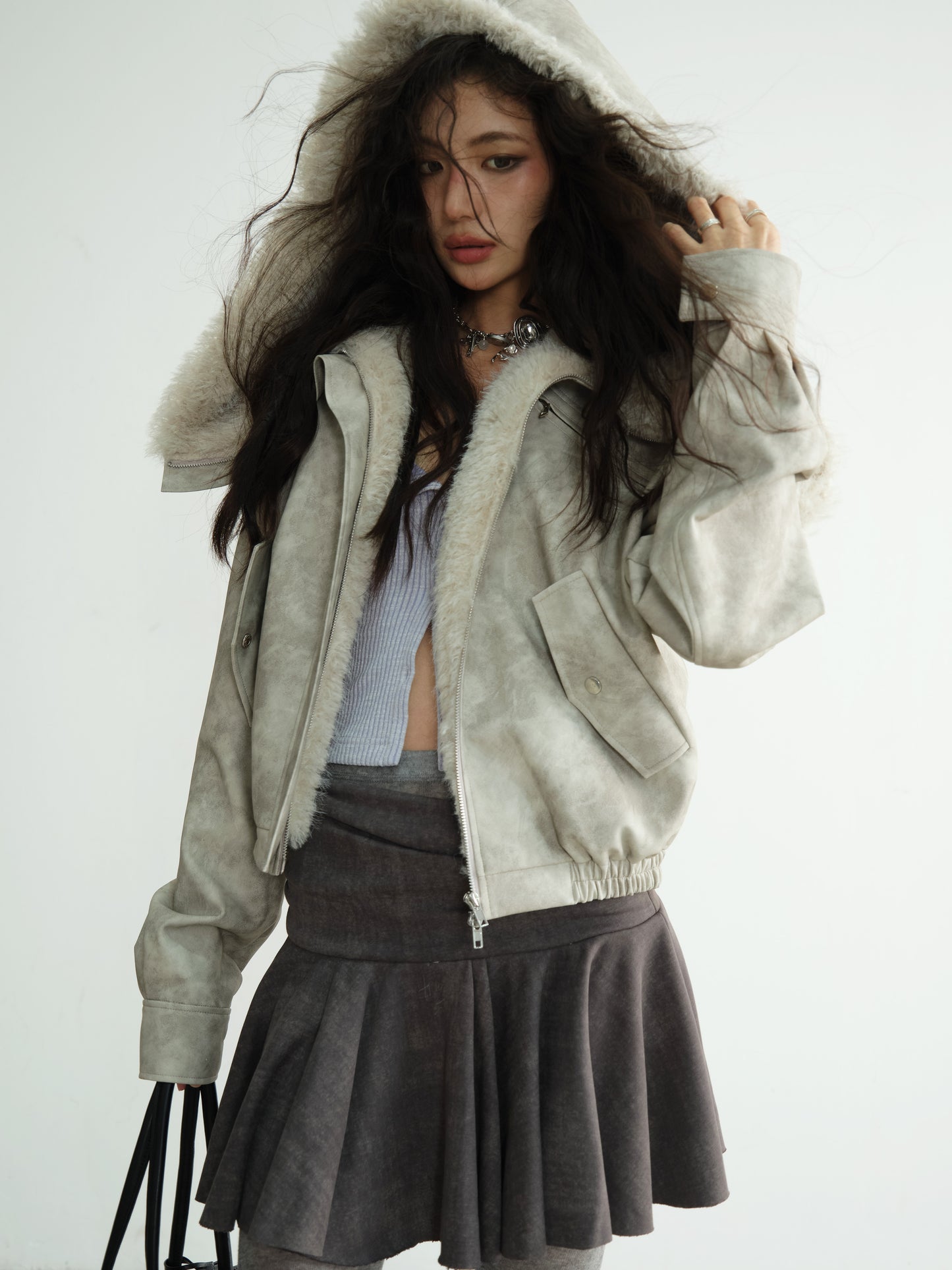Faux Leather Jacket With Plush Oversized Fur Hood