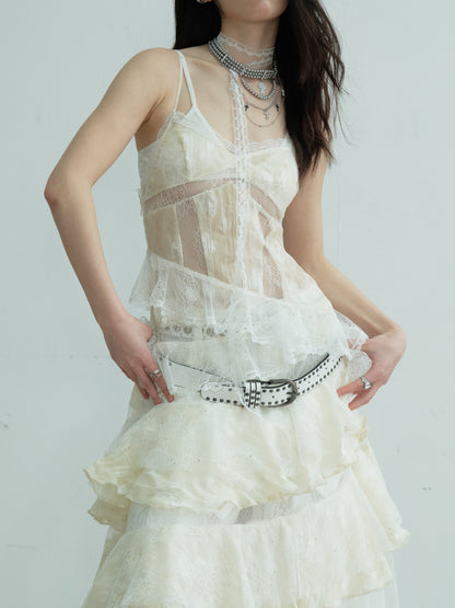 See-Through Tiered Lace Strap Dress