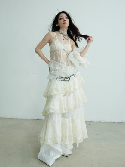 See-Through Tiered Lace Strap Dress