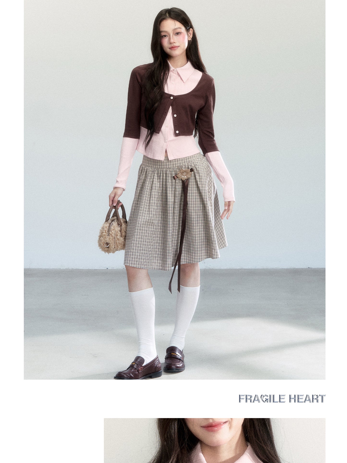 Faux-Layered Color-Blocking Shirt And Plaid Midi Skirt