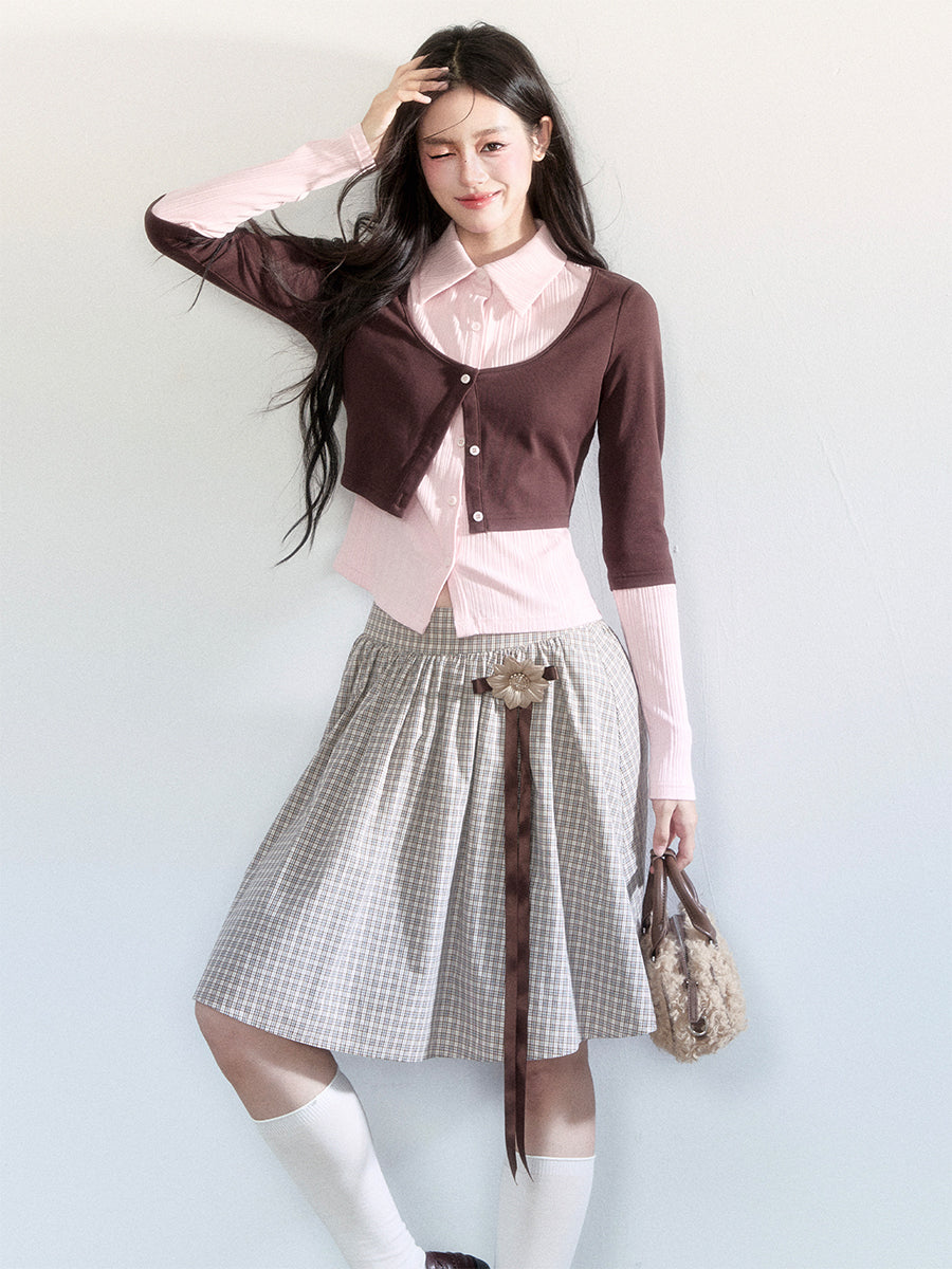 Faux-Layered Color-Blocking Shirt And Plaid Midi Skirt
