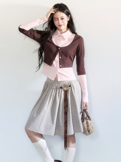 Faux-Layered Color-Blocking Shirt And Plaid Midi Skirt