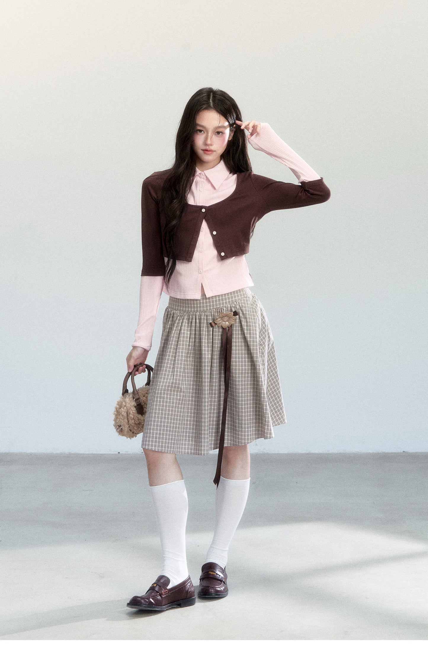 Faux-Layered Color-Blocking Shirt And Plaid Midi Skirt