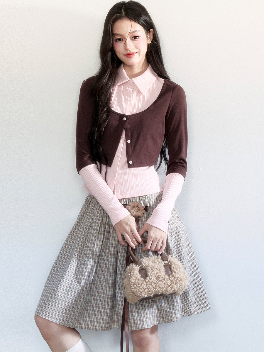 Faux-Layered Color-Blocking Shirt And Plaid Midi Skirt