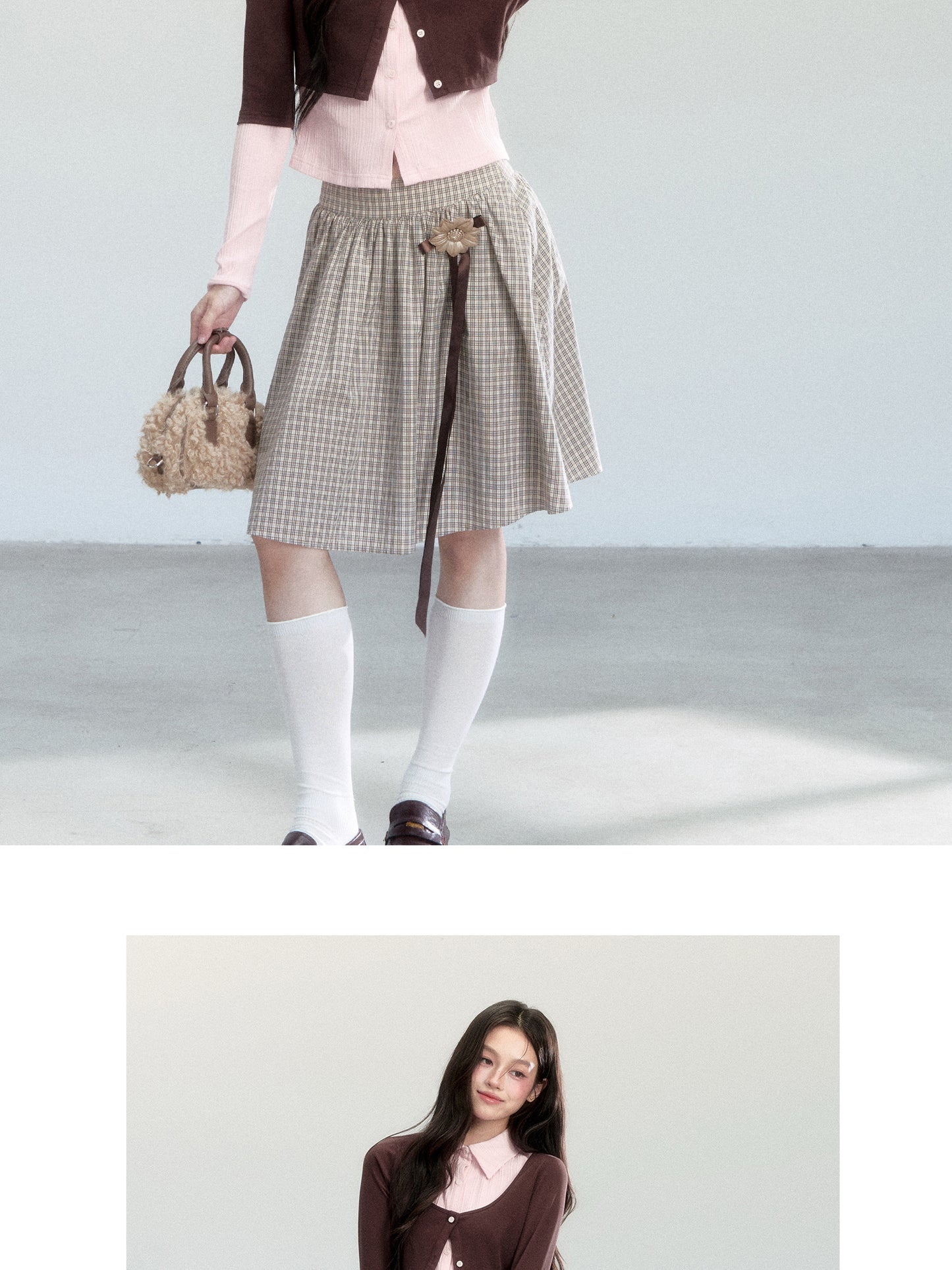 Faux-Layered Color-Blocking Shirt And Plaid Midi Skirt