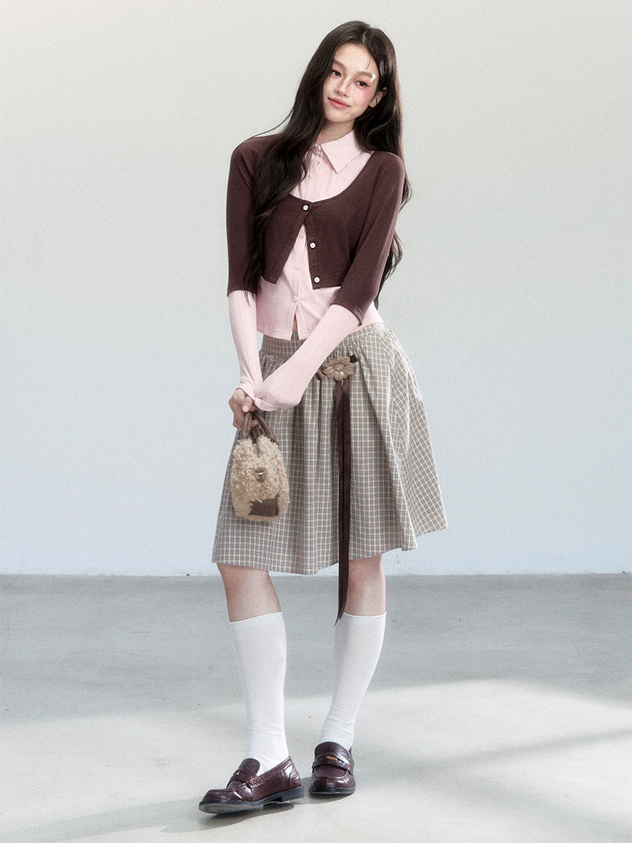 Faux-Layered Color-Blocking Shirt And Plaid Midi Skirt