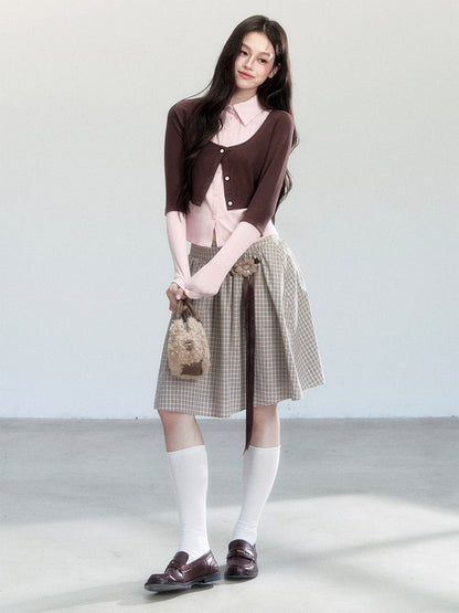 Faux-Layered Color-Blocking Shirt And Plaid Midi Skirt