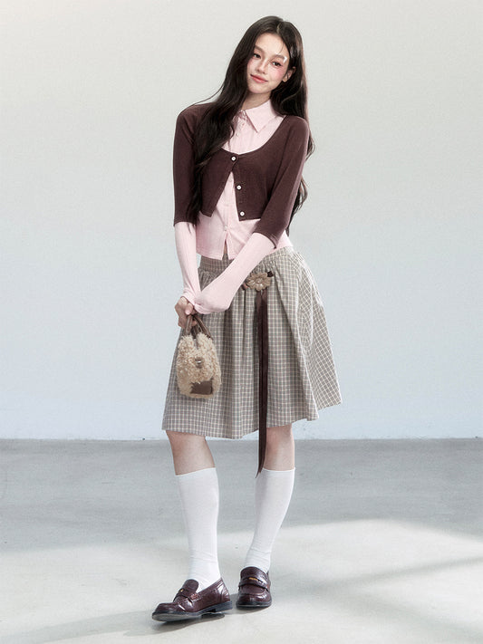 Faux-Layered Color-Blocking Shirt And Plaid Midi Skirt