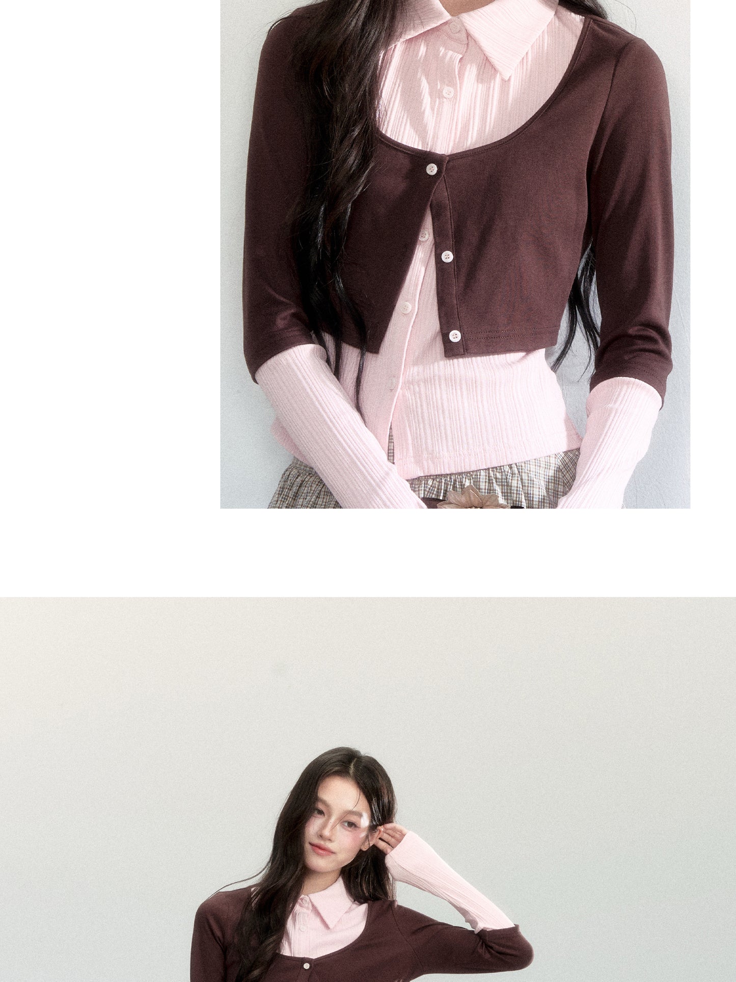 Faux-Layered Color-Blocking Shirt And Plaid Midi Skirt