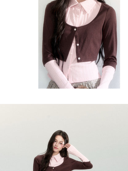 Faux-Layered Color-Blocking Shirt And Plaid Midi Skirt