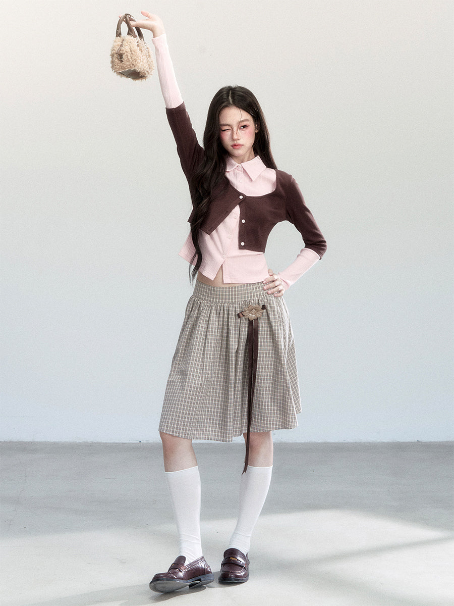 Faux-Layered Color-Blocking Shirt And Plaid Midi Skirt