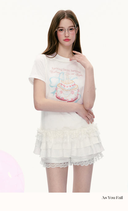 Cake Print T-Shirt & Ruffled Hem Sheer Sleeveless Top