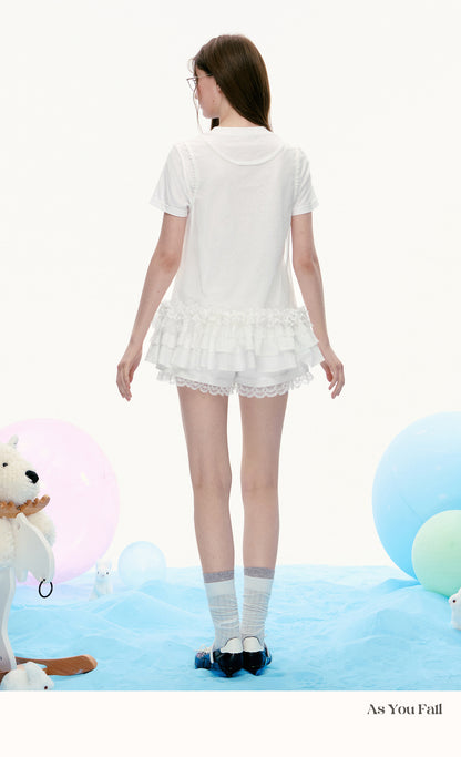 Cake Print T-Shirt & Ruffled Hem Sheer Sleeveless Top