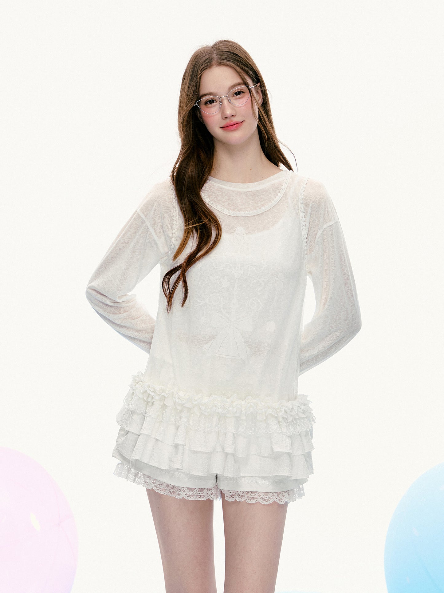 Cake Print T-Shirt & Ruffled Hem Sheer Sleeveless Top