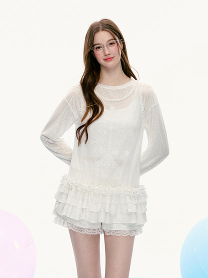 Cake Print T-Shirt & Ruffled Hem Sheer Sleeveless Top