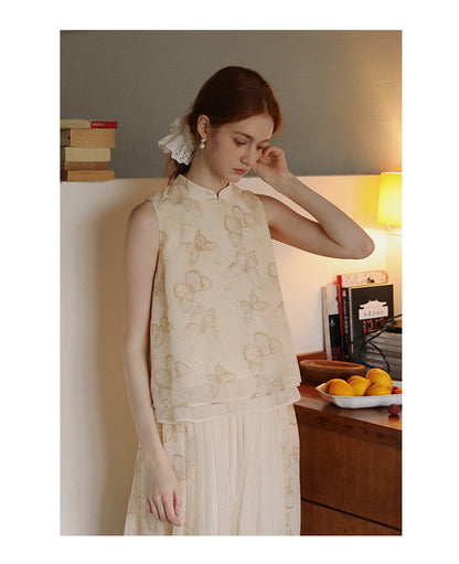Mandarin Collar Butterfly Print Top & Coordinating Skirt