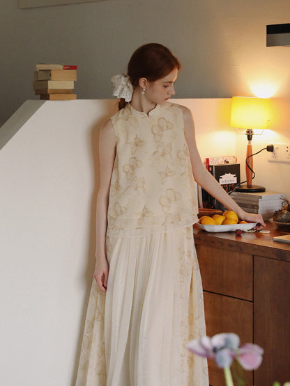 Mandarin Collar Butterfly Print Top & Coordinating Skirt