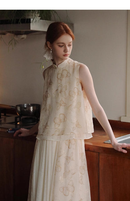 Mandarin Collar Butterfly Print Top & Coordinating Skirt