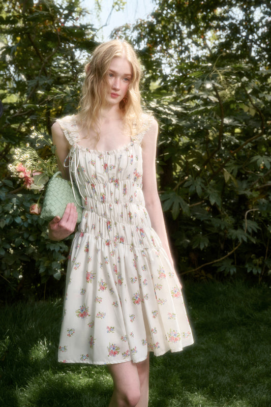 Asymmetric Floral Ruched Sleeveless Short Dress