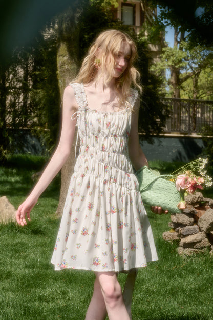 Asymmetric Floral Ruched Sleeveless Short Dress