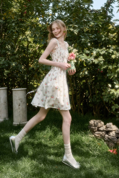 Asymmetric Floral Ruched Sleeveless Short Dress