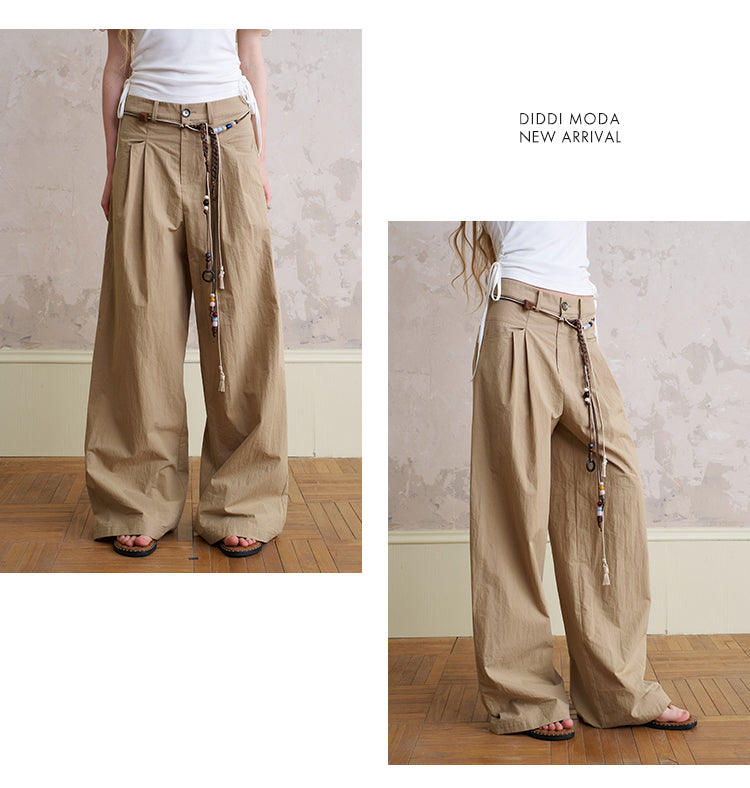 Wide-Leg Pants With Beaded Tie Belt