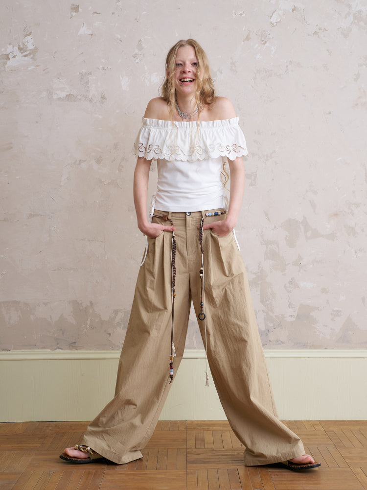 Wide-Leg Pants With Beaded Tie Belt