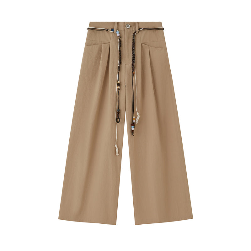 Wide-Leg Pants With Beaded Tie Belt
