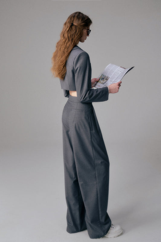 Straight Wide-Leg Tailored Pants With Logo Charm