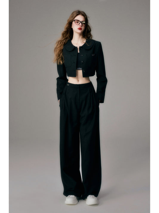 Straight Wide-Leg Tailored Pants With Logo Charm