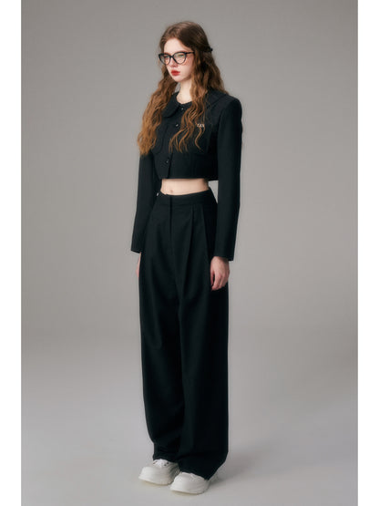 Straight Wide-Leg Tailored Pants With Logo Charm