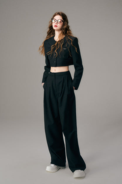 Straight Wide-Leg Tailored Pants With Logo Charm
