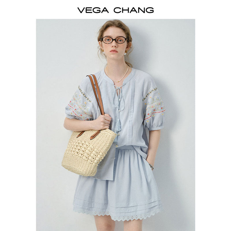 Floral-Embroidered Balloon-Sleeve Blouse & Matching Skirt