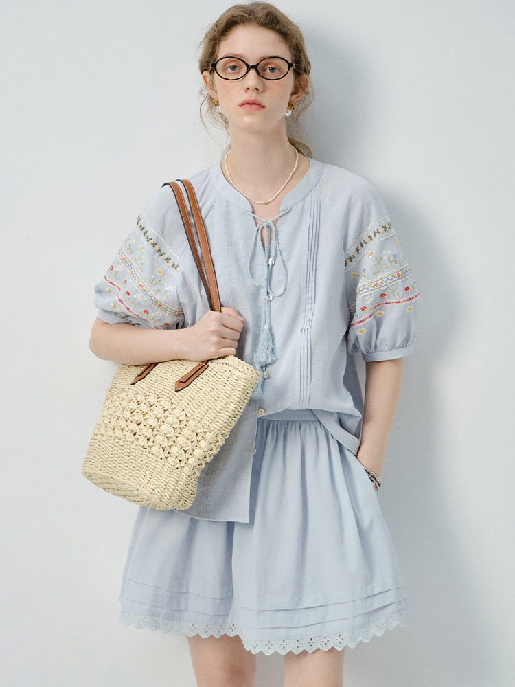 Floral-Embroidered Balloon-Sleeve Blouse & Matching Skirt